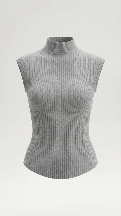 Women's Turtleneck Top in Ribbed Knit with Short Sleeve and Fitted Silhouette