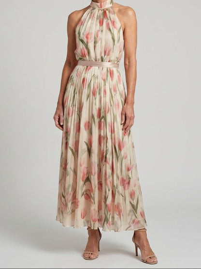 Women's Halter Neck Floral Print Midi Dress