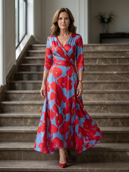 Women's Cross Wrap Neck Midi Dress