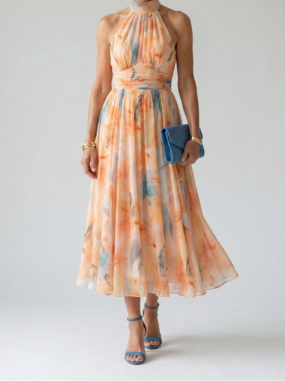 Women's Soft Halter Neck Midi Dress Floral Print