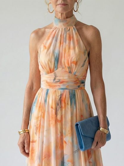 Women's Soft Halter Neck Midi Dress Floral Print