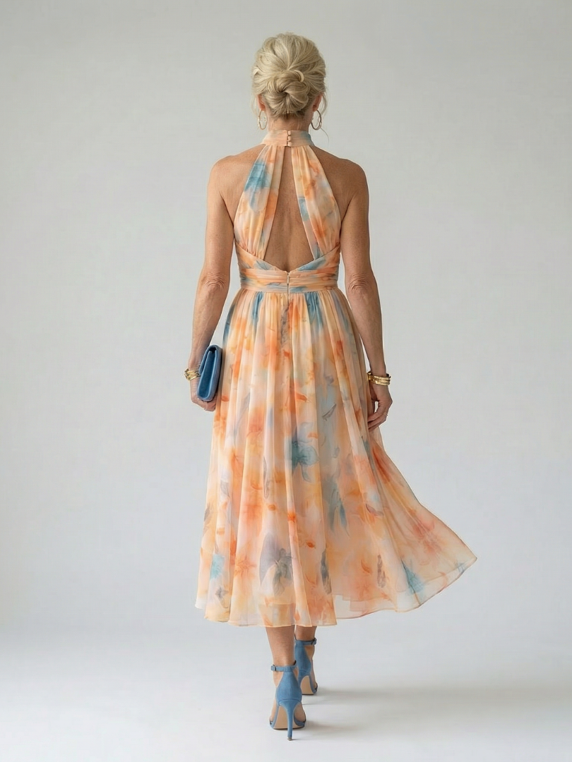 Women's Soft Halter Neck Midi Dress Floral Print