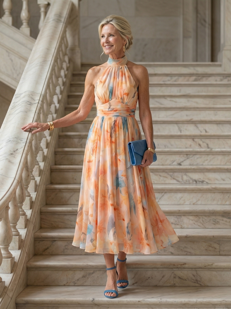 Women's Soft Halter Neck Midi Dress Floral Print