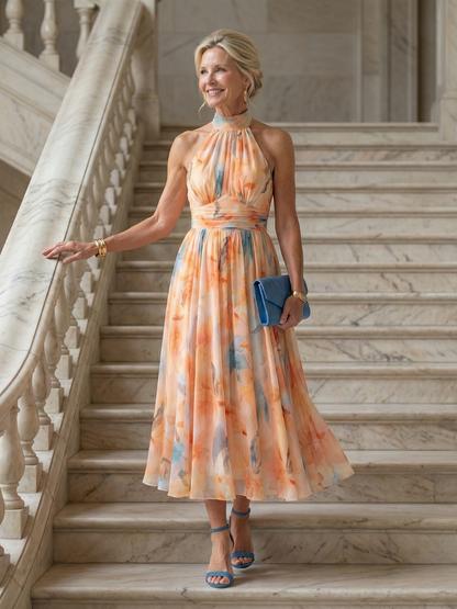 Women's Soft Halter Neck Midi Dress Floral Print
