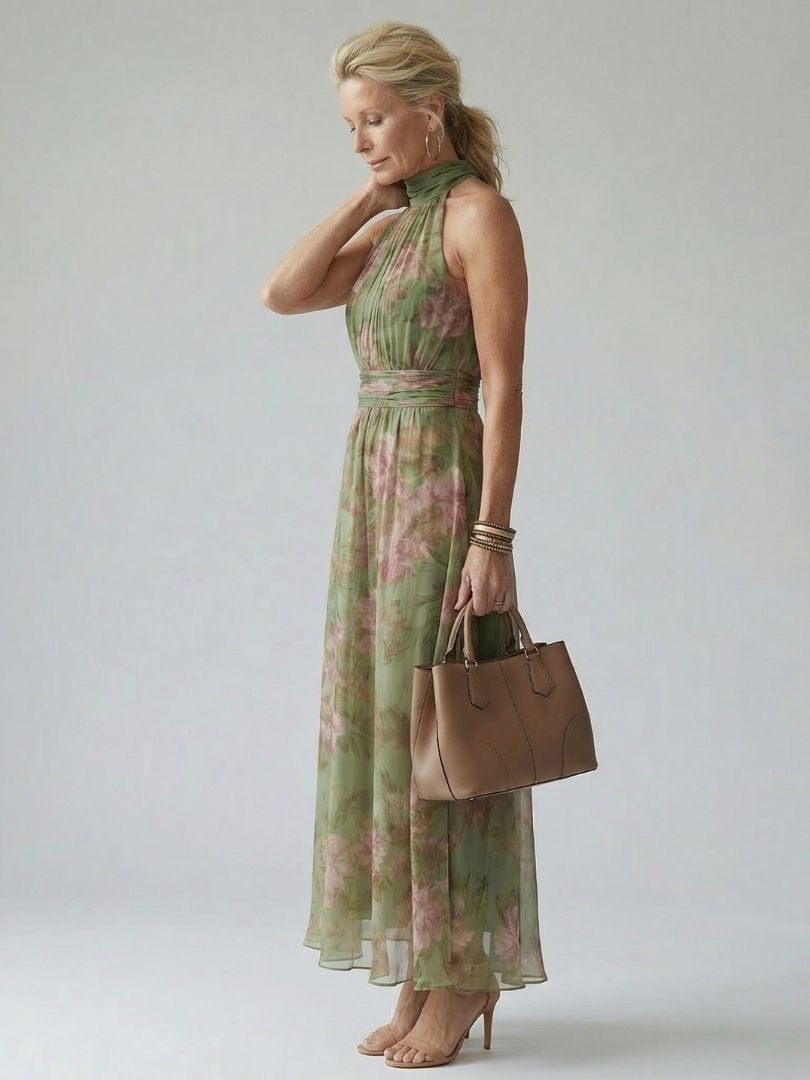 Women's Gathered Halter Neck Midi Dress