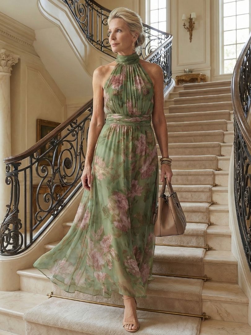 Women's Gathered Halter Neck Midi Dress