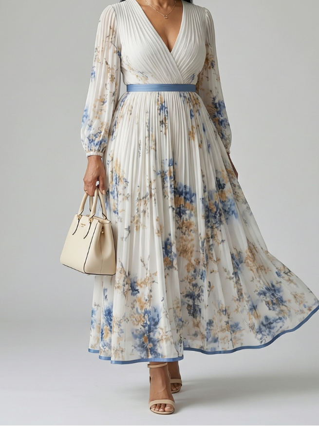 Women's Pleated Wrap Midi Dress