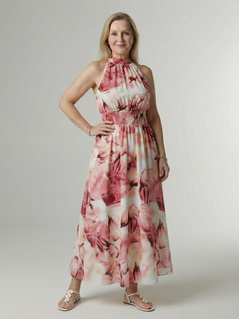 Women's Gathered Halter Neck Midi Dress Colourful