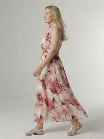 Women's Gathered Halter Neck Midi Dress Colourful