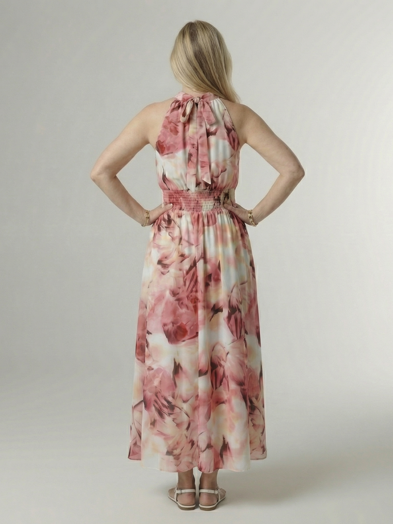 Women's Gathered Halter Neck Midi Dress Colourful