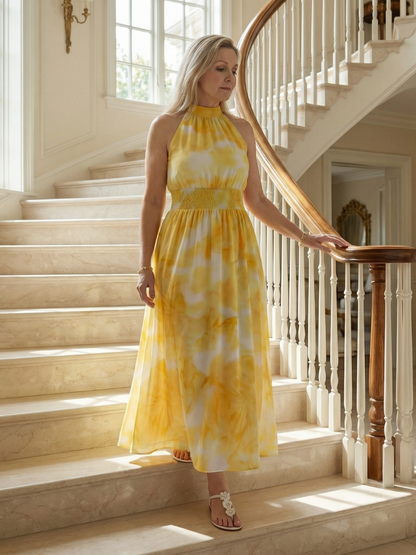 Women's Gathered Halter Neck Midi Dress Colourful