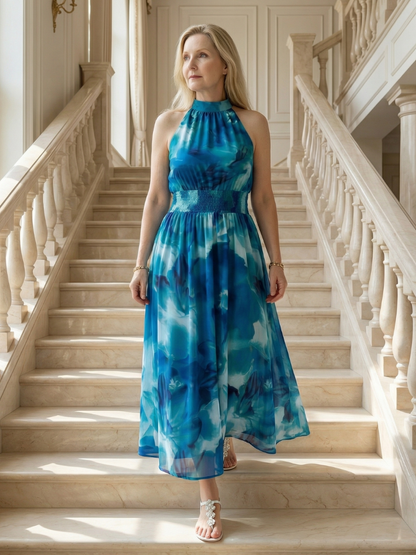 Women's Gathered Halter Neck Midi Dress Colourful