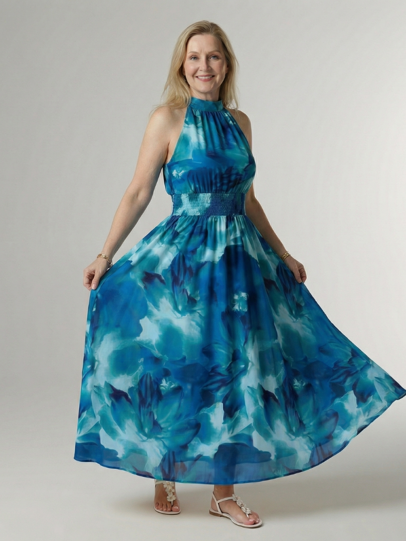 Women's Gathered Halter Neck Midi Dress Colourful