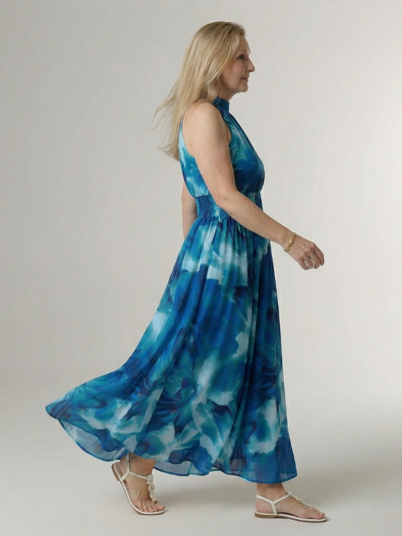 Women's Gathered Halter Neck Midi Dress Colourful