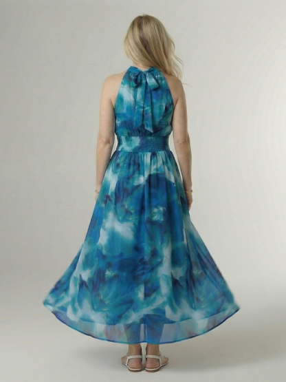 Women's Gathered Halter Neck Midi Dress Colourful