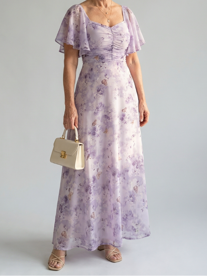 Women's Flutter Sleeve Floral Midi Dress