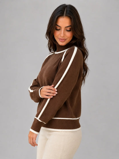 Liana | Women's Sweater Roll Neck Soft Relaxed Knit Contrast Trim Cosy Warm Layering Chic Feminine Casual Everyday Autumn Winter