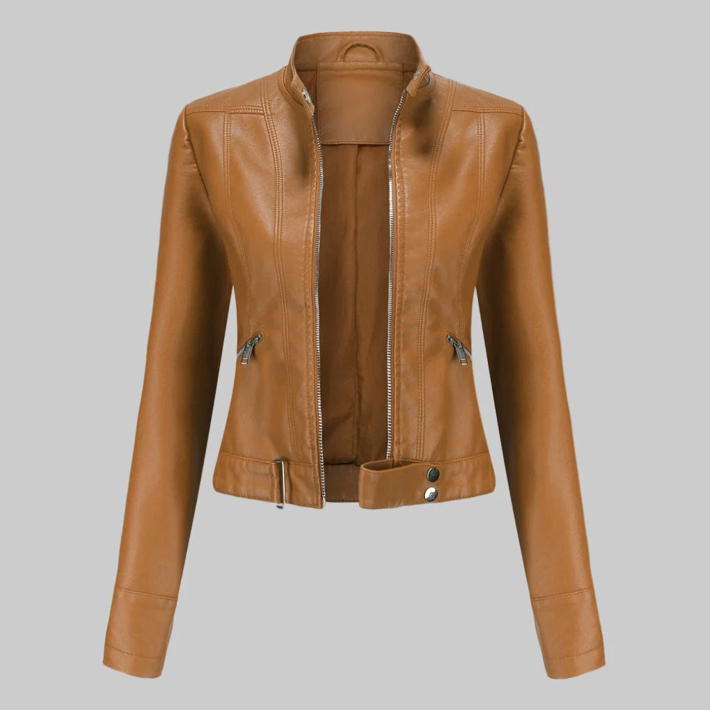 Karla | Women's Leather Jacket Elegant Slim Fit Stand Collar Zip Front Refined Structured Smart Occasion Everyday Autumn Winter