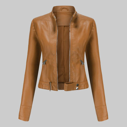 Karla | Women's Leather Jacket Elegant Slim Fit Stand Collar Zip Front Refined Structured Smart Occasion Everyday Autumn Winter