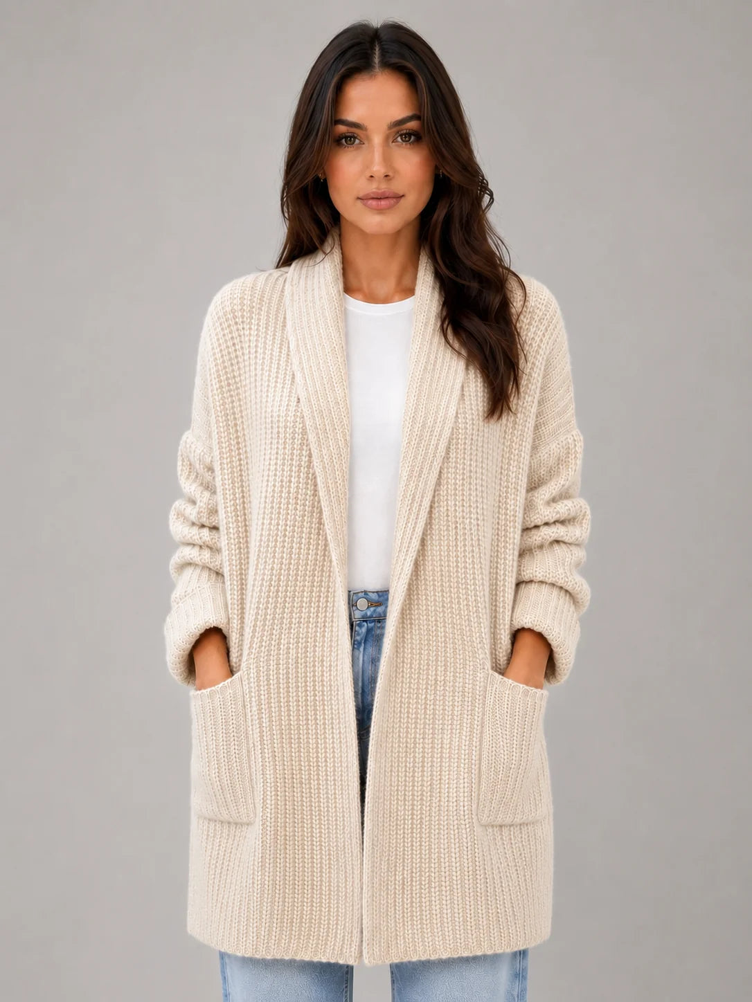 Raquel | Women's Cardigan Open-Front Pockets Soft Knit Longline Relaxed Cosy Warm Layering Chic Feminine Casual Everyday Autumn