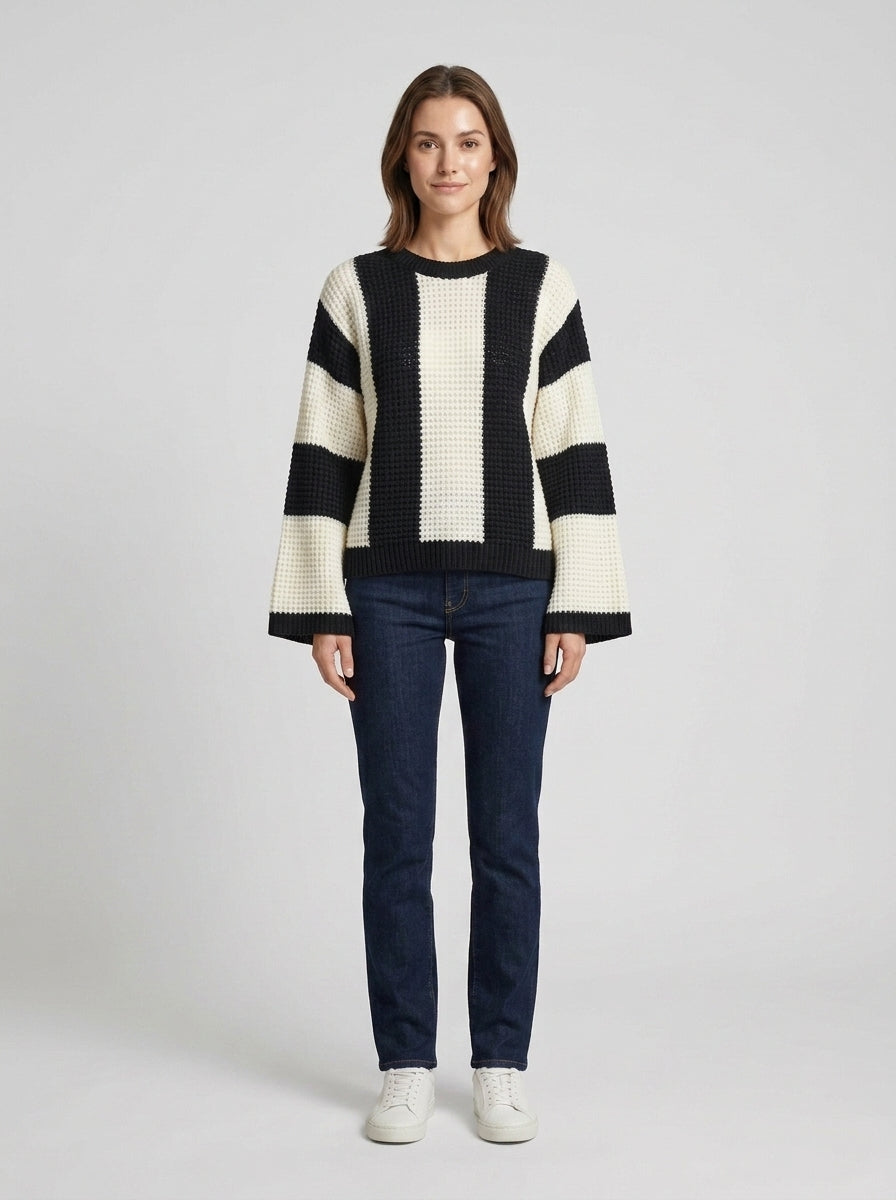 Isla | Women's Sweater Crew Neck Textured Striped Band Knit Soft Cosy Warm Layering Chic Casual Everyday Autumn Winter Knitwear - Front [Lystr 6a858ecc76280f60bae53bfc:front]