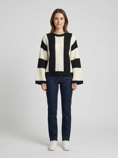 Isla | Women's Sweater Crew Neck Textured Striped Band Knit Soft Cosy Warm Layering Chic Casual Everyday Autumn Winter Knitwear - Front [Lystr 6a858ecc76280f60bae53bfc:front]