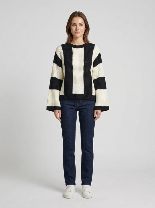 Isla | Women's Sweater Crew Neck Textured Striped Band Knit Soft Cosy Warm Layering Chic Casual Everyday Autumn Winter Knitwear - Front [Lystr 6a858ecc76280f60bae53bfc:front]