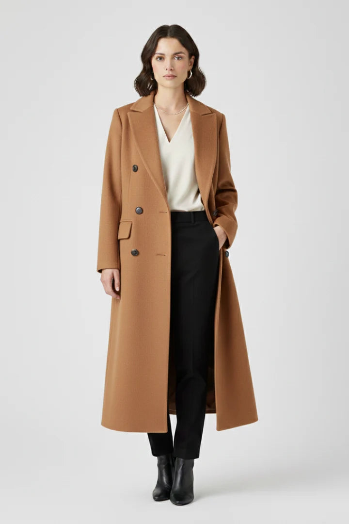 Nayeli | Women's Coat Lapel Collar Button Fastening Long Woven Tailored Structured Warm Smart Occasion Everyday Autumn Winter