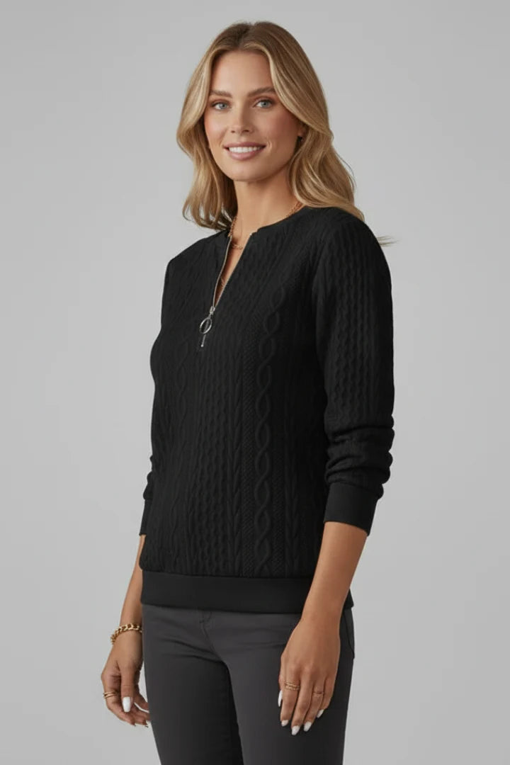 Nataly | Women's Sweater Cable-Knit Zip Neck Textured Chunky Soft Cosy Warm Layering Chic Feminine Casual Everyday Autumn Winter