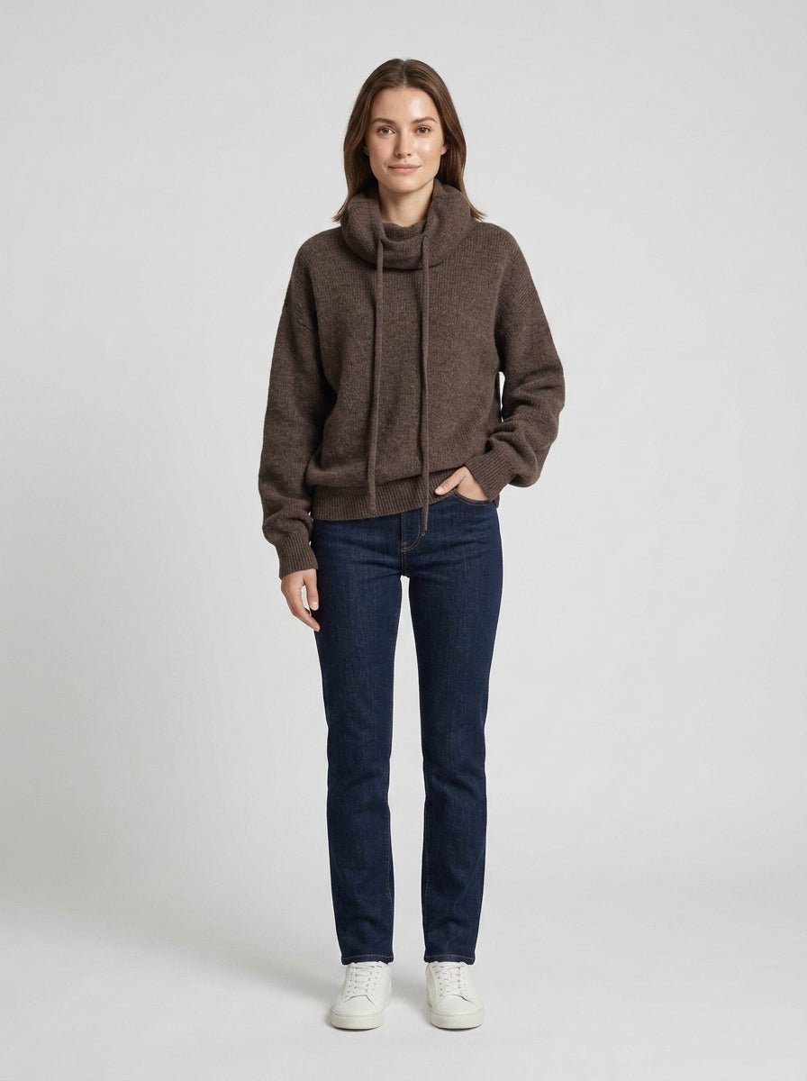 Adele | Women's Hoodie Cowl Neck Relaxed Fit Drawstring Knit Long - Front [Lystr 6a7ef4c50a1912fe6f7813bd:front]