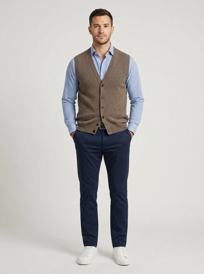 Magnus | Men's Knit Vest Button Front Sleeveless Soft Premium Layering Smart Casual Occasion Everyday Refined Autumn Winter - Front [Lystr 6a7ec727399bf9f70198b90b:front]