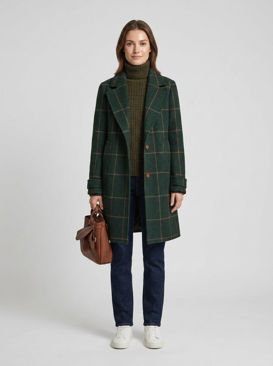 Aria | Women's Overcoat Classic Check Structured Straight Hem Tailored Wool-Blend Longline Smart Formal Winter Warm - Front [Lystr 6a7e307c9d1b0a17cf148b96:front]