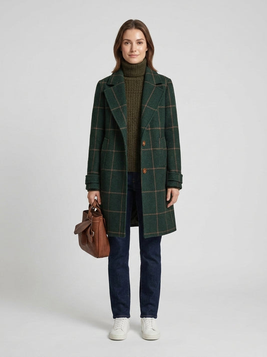 Aria | Women's Overcoat Classic Check Structured Straight Hem Tailored Wool-Blend Longline Smart Formal Winter Warm - Front [Lystr 6a7e307c9d1b0a17cf148b96:front]