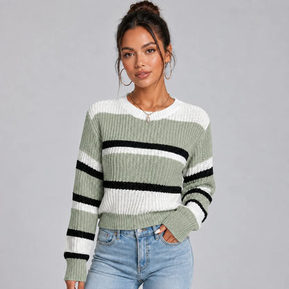 Vanessa | Women's Jumper Cropped Striped Round Neck Soft Knit Relaxed Cosy Warm Layering Chic Feminine Casual Everyday Autumn Winter