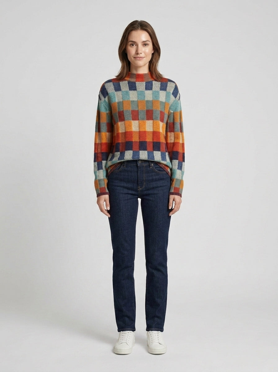 Juniper | Women's Sweater Crew Neck Checked Pattern Ribbed Cuff Knit Soft Cosy Warm Layering Chic Casual Everyday Autumn Winter - Front [Lystr 6a858ee0daab7ac52959ad6f:front]