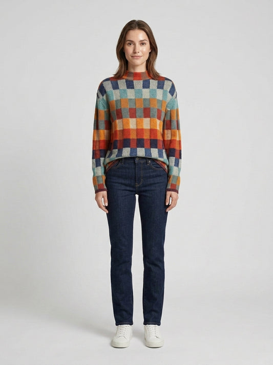 Juniper | Women's Sweater Crew Neck Checked Pattern Ribbed Cuff Knit Soft Cosy Warm Layering Chic Casual Everyday Autumn Winter - Front [Lystr 6a858ee0daab7ac52959ad6f:front]