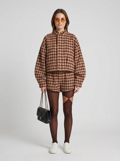 Kamryn | Women's Co-ord Set Houndstooth Zip Jacket Shorts Two-Piece Structured Patterned Chic Autumn Coordinated Statement - Front [Lystr 6a84a18e8dc0052d69880c5e:front]