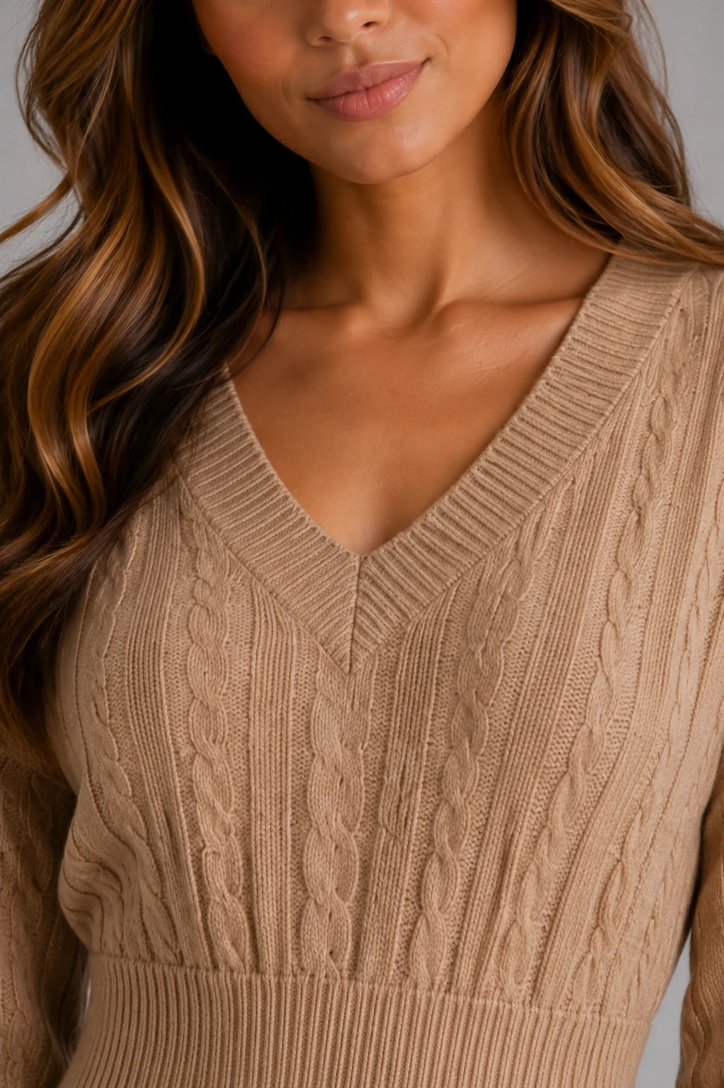 Paris | Women's Midi Dress Cable-Knit V-Neck Shirred Waist Fitted Soft Cosy Warm Feminine Chic Occasion Everyday Autumn Winter