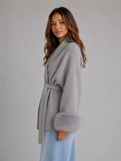 Livia | Women's Wool Coat Belted Wool-Blend Faux Fur Trim Wrap Shawl Collar Warm Tailored Elegant Occasion Everyday Autumn Winter