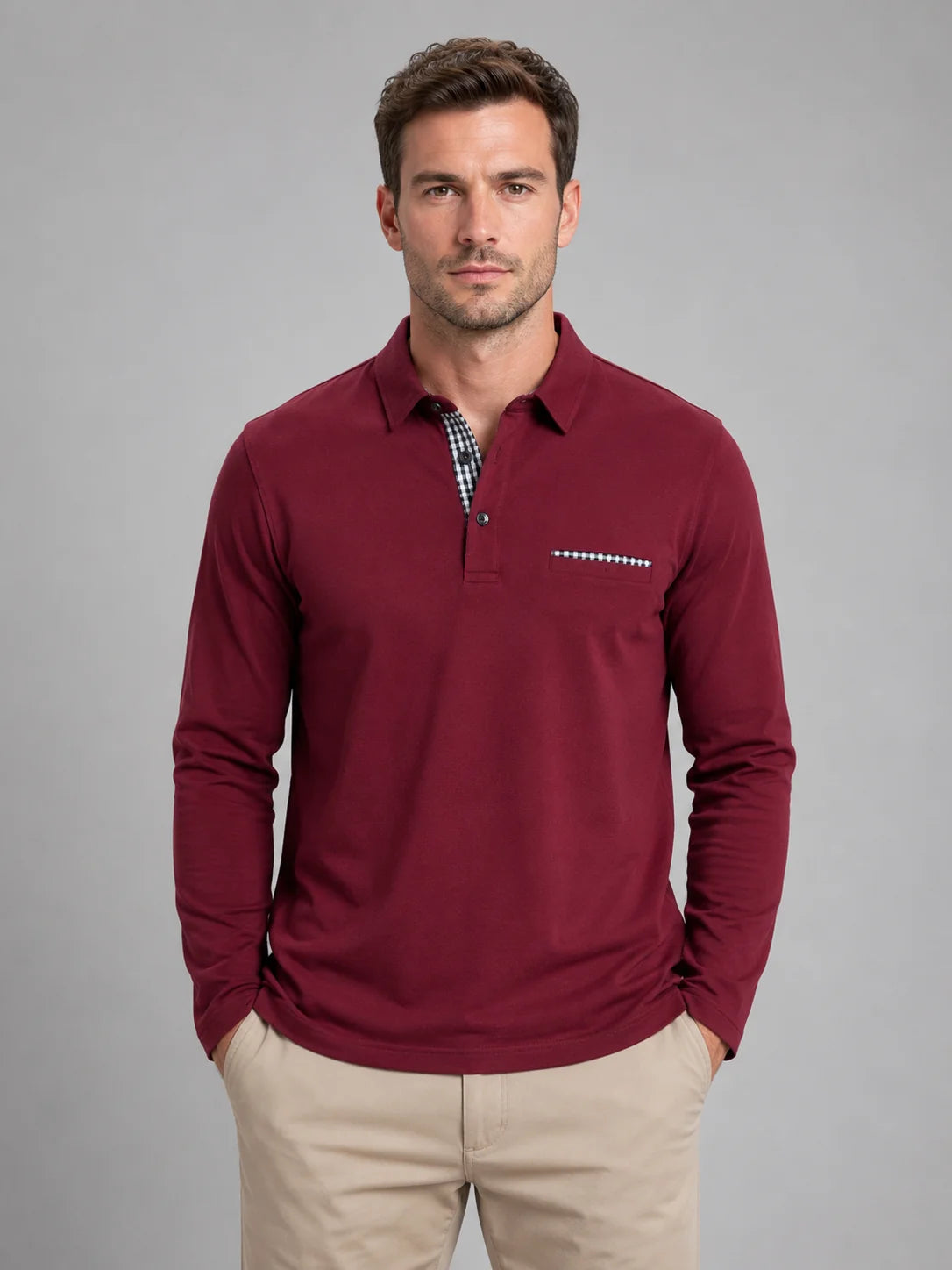 Brennan | Men's Polo Shirt Long-Sleeve Gingham Trim Casual Cotton Soft Refined Smart Casual Everyday Layering Autumn Winter