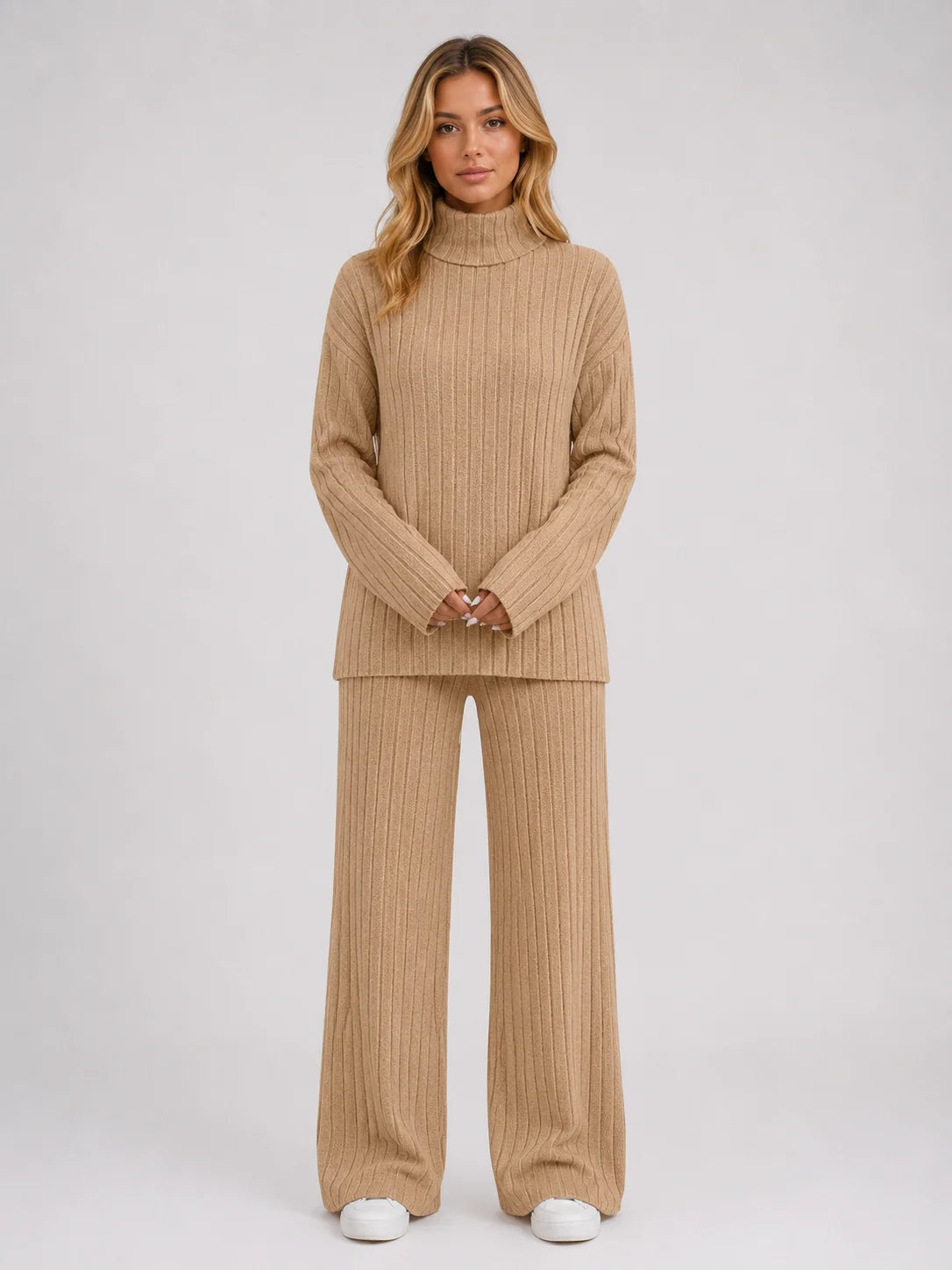 Louisa | Women's Lounge Set Ribbed Knit Roll Neck Jumper Wide-Leg Trousers Two-Piece Soft Cosy Warm Coordinated Relaxed Loungewear
