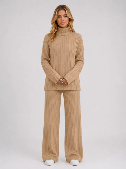 Louisa | Women's Lounge Set Ribbed Knit Roll Neck Jumper Wide-Leg Trousers Two-Piece Soft Cosy Warm Coordinated Relaxed Loungewear