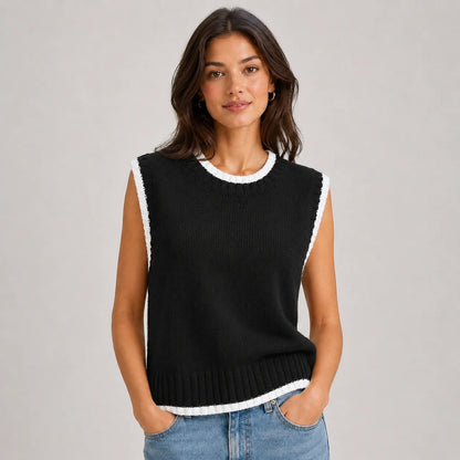 Tessa | Women's Vest Sweater Contrast Trim Round Neck Sleeveless Knit Soft Cosy Warm Layering Chic Feminine Casual Everyday Autumn
