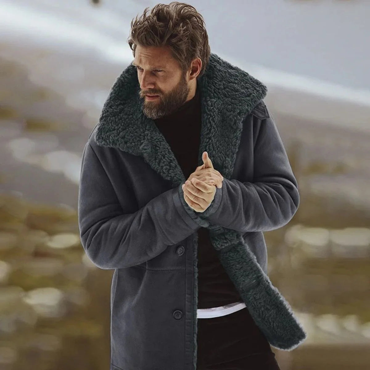 Armando | Men's Overcoat Shearling Classic Winter Warm Structured Longline Tailored Smart Formal Business Everyday Autumn Winter