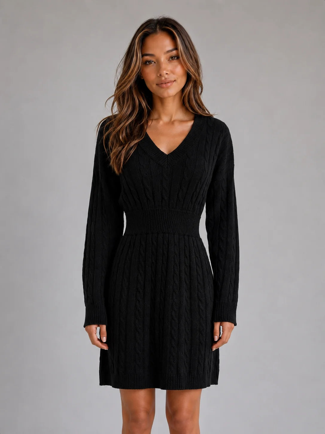 Paris | Women's Midi Dress Cable-Knit V-Neck Shirred Waist Fitted Soft Cosy Warm Feminine Chic Occasion Everyday Autumn Winter