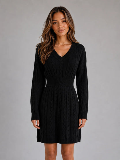 Paris | Women's Midi Dress Cable-Knit V-Neck Shirred Waist Fitted Soft Cosy Warm Feminine Chic Occasion Everyday Autumn Winter