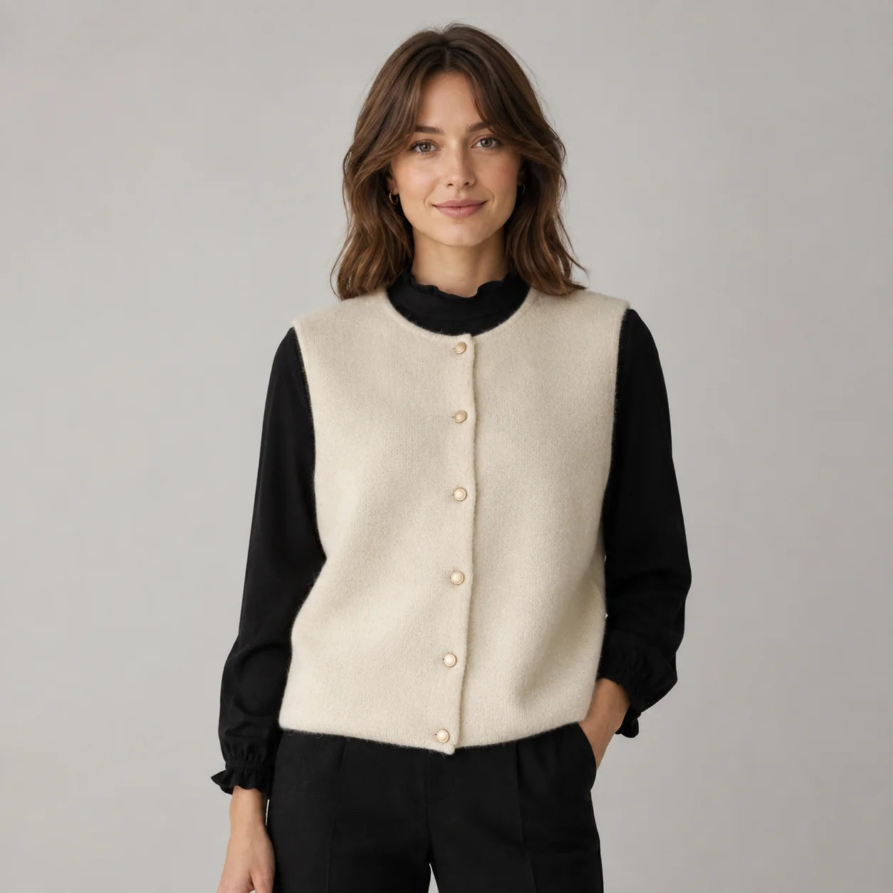Sydney | Women's Vest Sweater Button-Front Round Neck Sleeveless Knit Soft Cosy Warm Layering Chic Feminine Casual Everyday