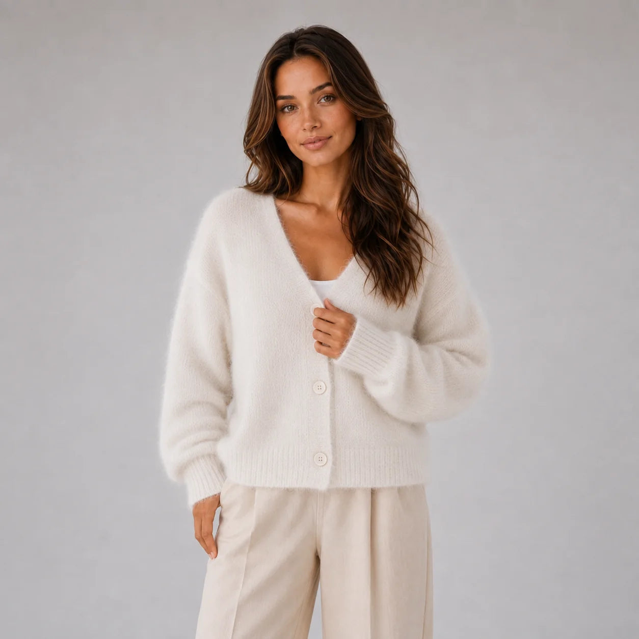 Taylor | Women's Cardigan Fluffy Knit Button-Front V-Neck Soft Cosy Warm Relaxed Layering Chic Feminine Casual Everyday Autumn