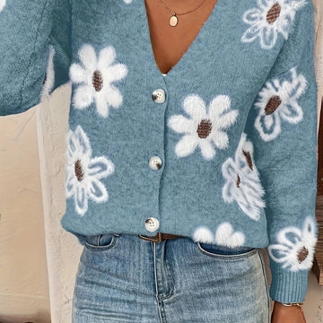 Marina | Women's Cardigan Floral V-Neck Button Front Knit Soft Feminine Cosy Warm Relaxed Layering Chic Casual Everyday Autumn