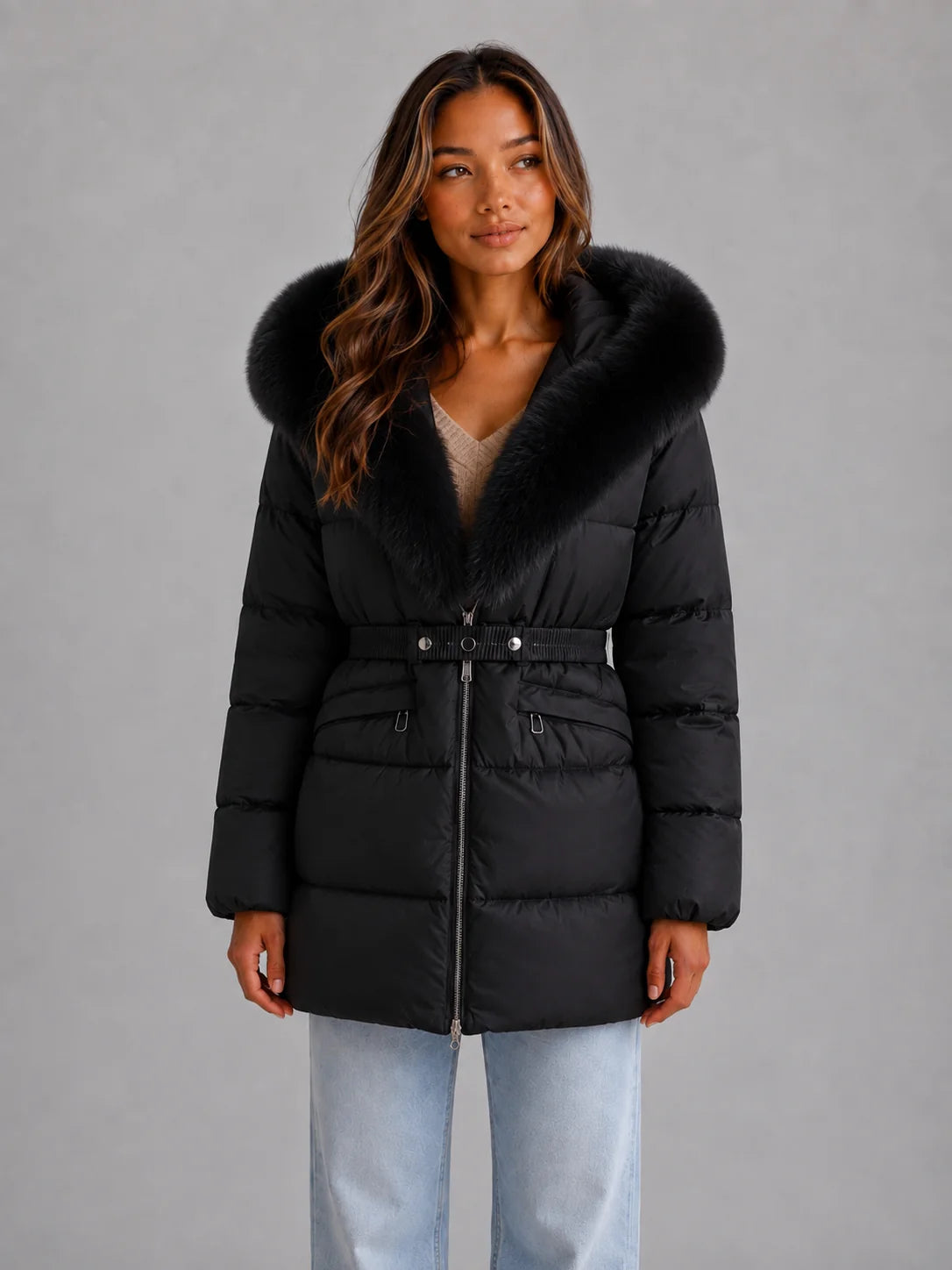 Rayna | Women's Puffer Jacket Hooded Faux Fur Trim Belted Padded Insulated Warm Quilted Casual Everyday Winter Outerwear Cosy